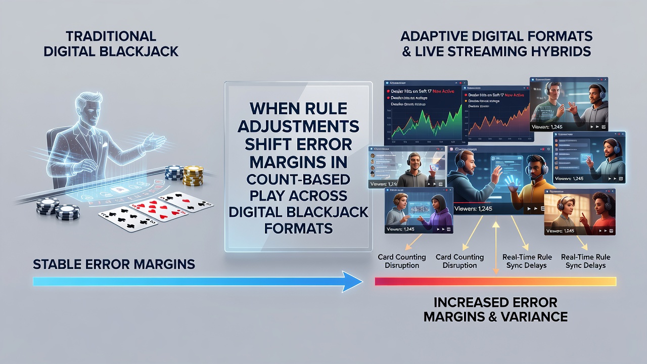 Analytics dashboard displaying error margin trends linked to blackjack rule variations across digital formats